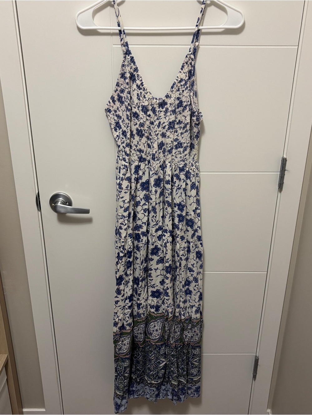 Blue and White Floral Maxi Dress with Smocked Bodice